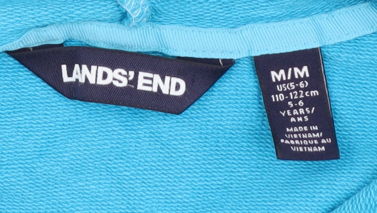 Brand and care label for Lands' End girls’ blue hoodie - full zip, size 5-6, years