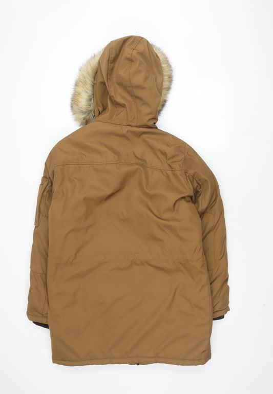 Bershka Men's Brown Parka Jacket S Hooded Winter