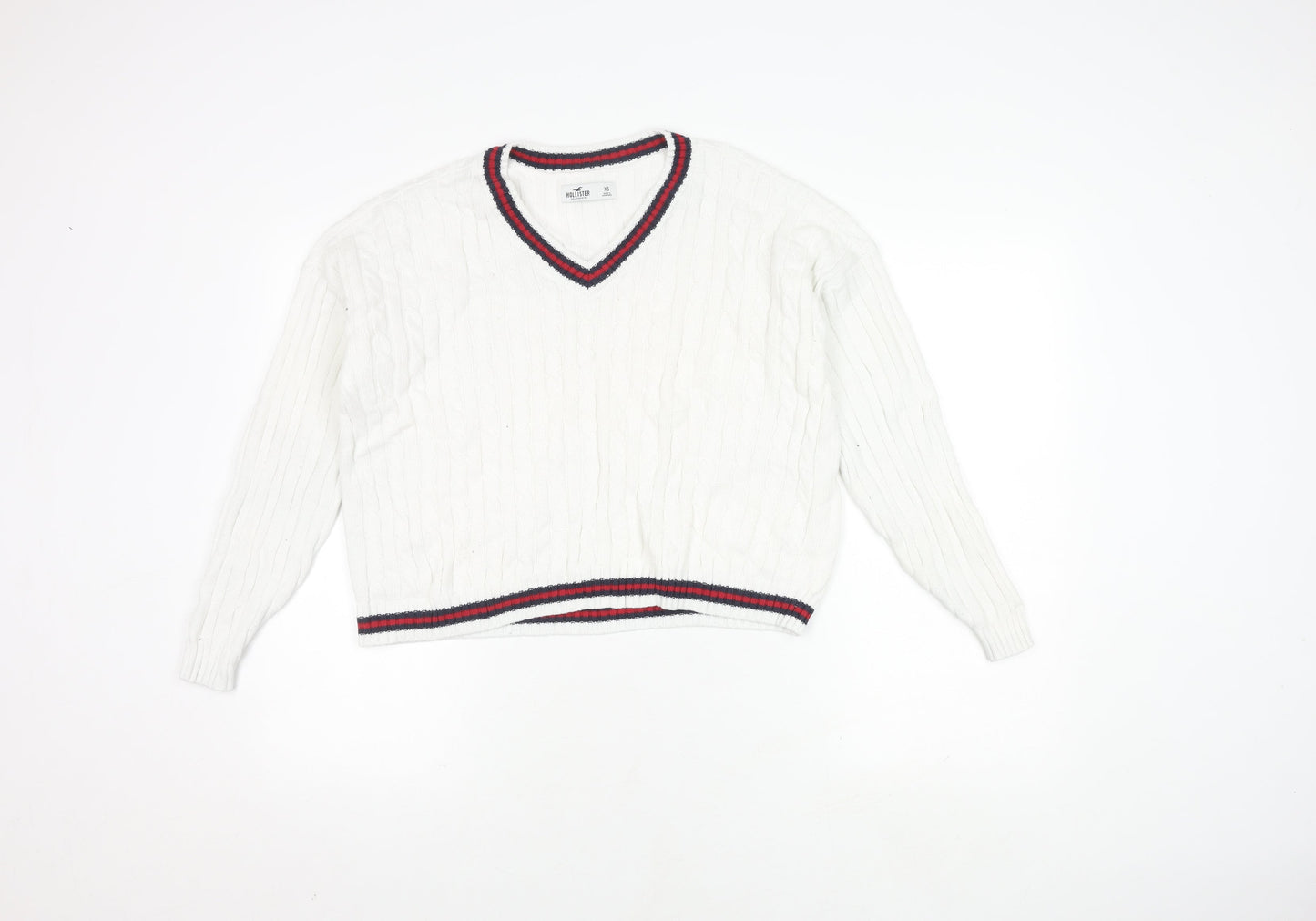 Hollister Women's White V-Neck Cable Pullover XS