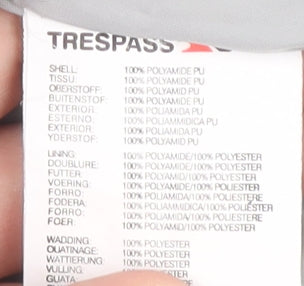 Brand and care label for Trespass boys’ white ski jacket winter coat 11-12 years