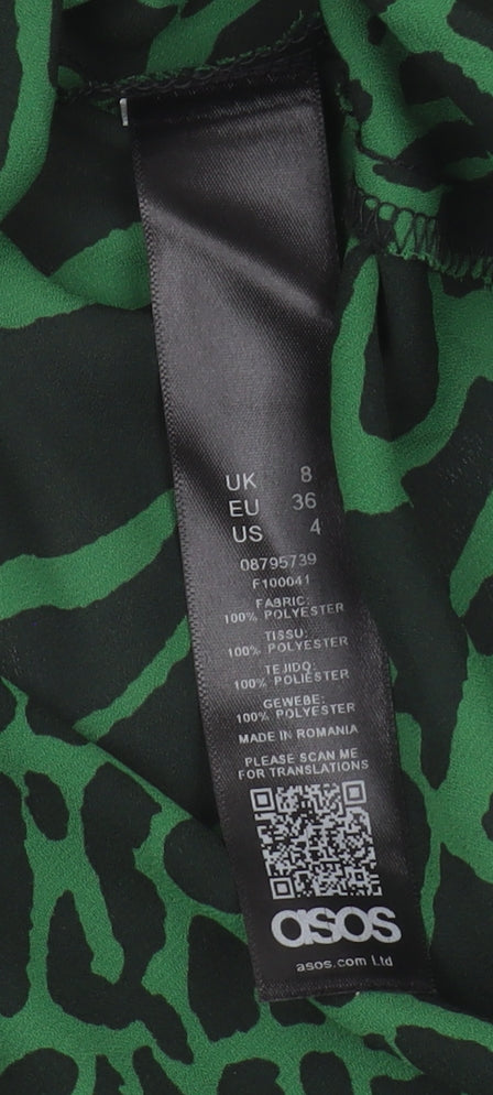 Close-up detail of Asos Women Green Wrap Top V-Neck Animal Print, size 8
