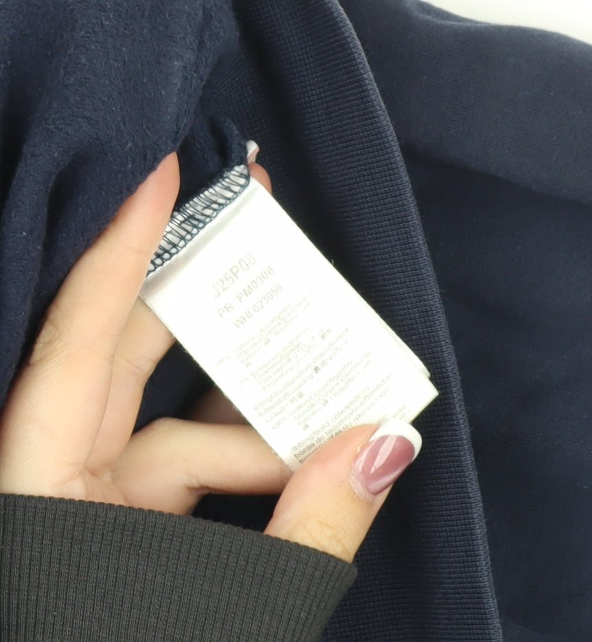 Brand and care label for Hugo Boss boys’ blue hooded jacket, size 14