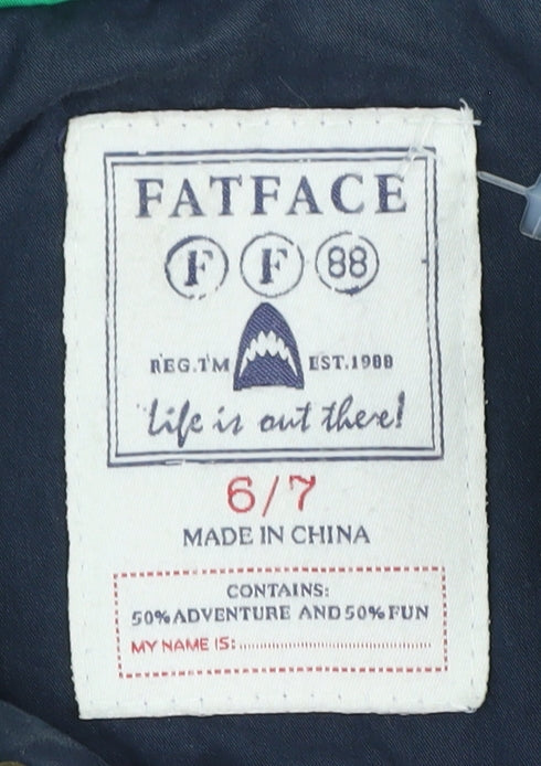 Brand and care label for FatFace boys’ green puffer jacket, size 6-7, years