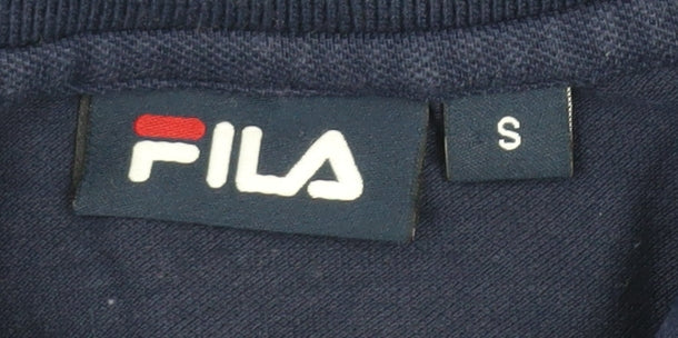 Brand and care label for Fila Men's Blue Polo Shirt, size S, Short Sleeve Logo