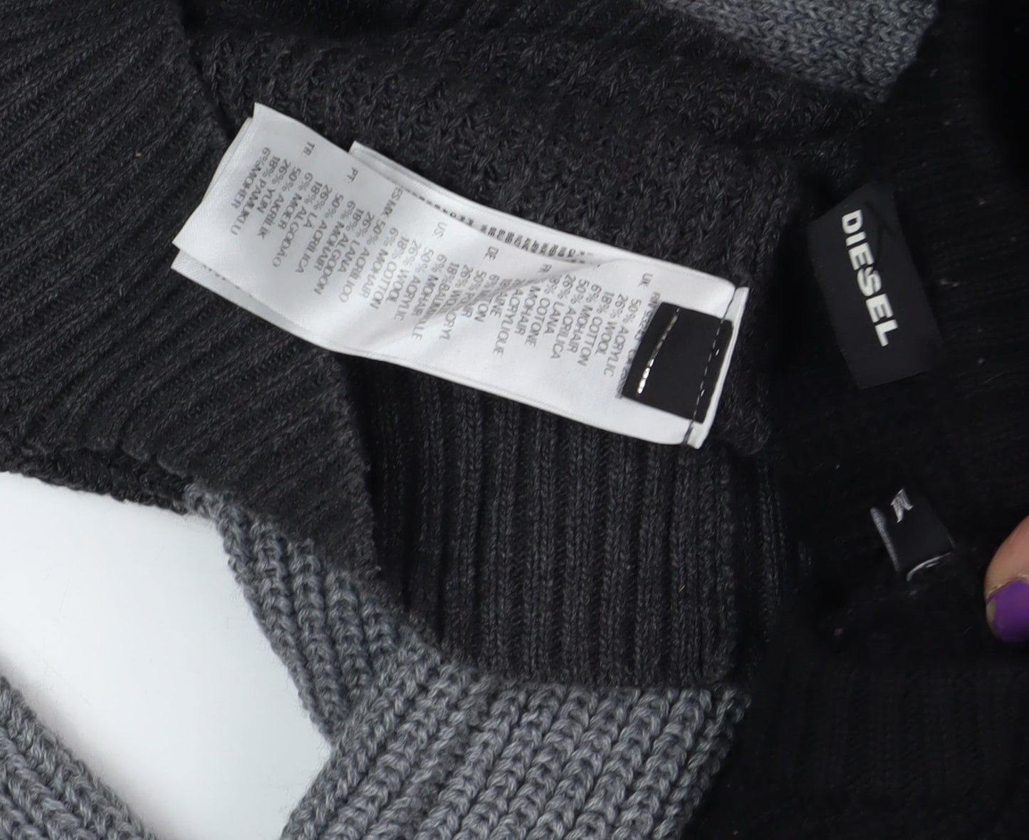 Diesel Men's Black Grey Pullover Jumper, Size S, Striped