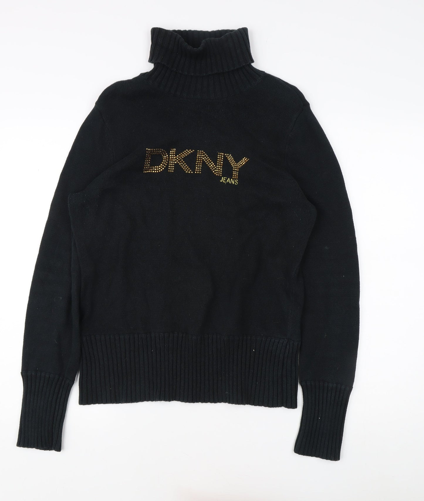 DKNY Women's Black Roll Neck Jumper - Size L, Logo Accent