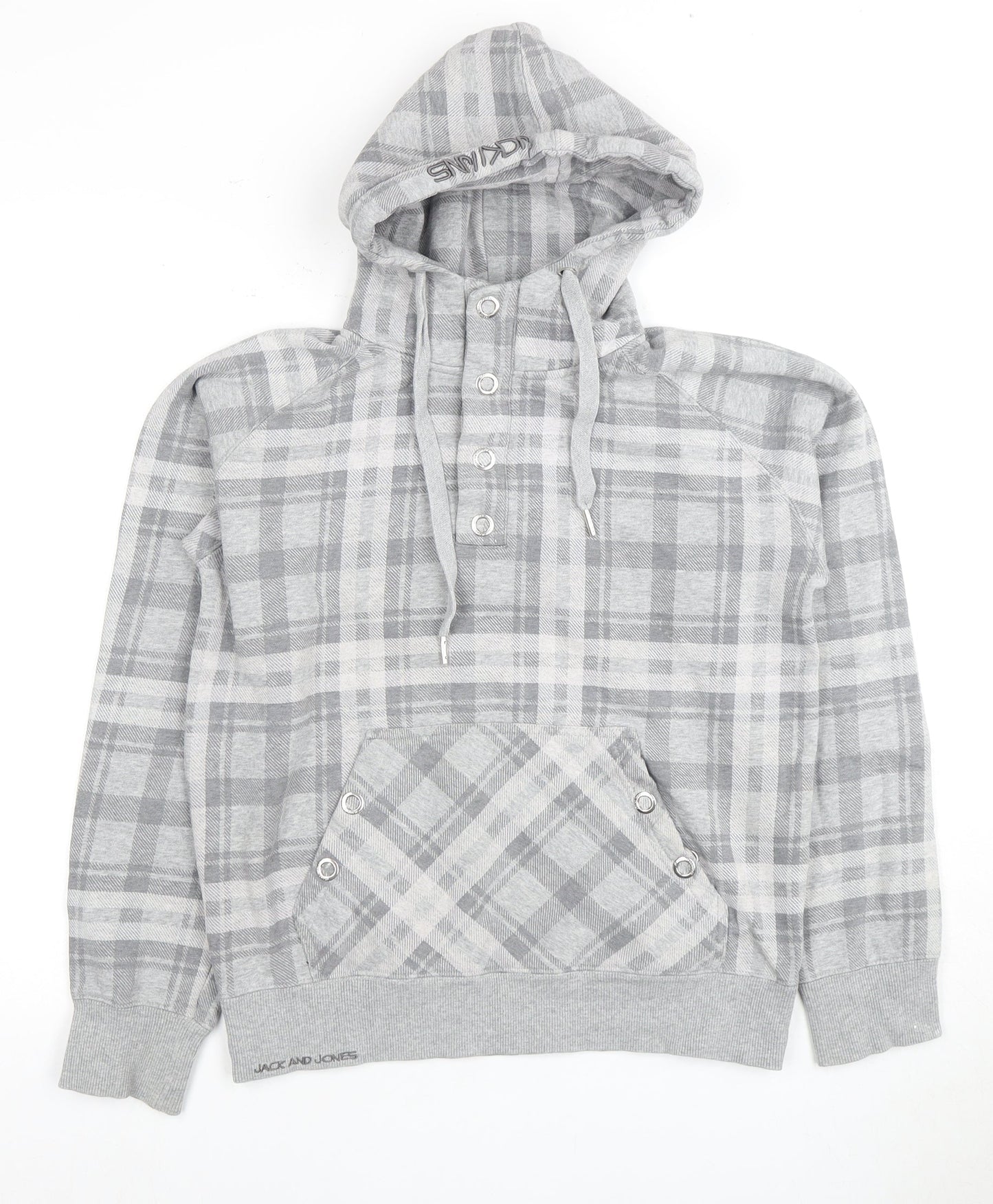 Jack and Jones Men's Grey Plaid Henley Hoodie S