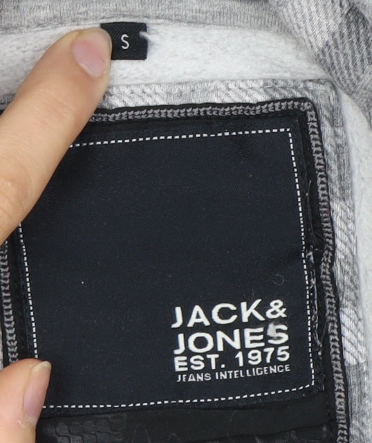 Jack and Jones Men's Grey Plaid Henley Hoodie S
