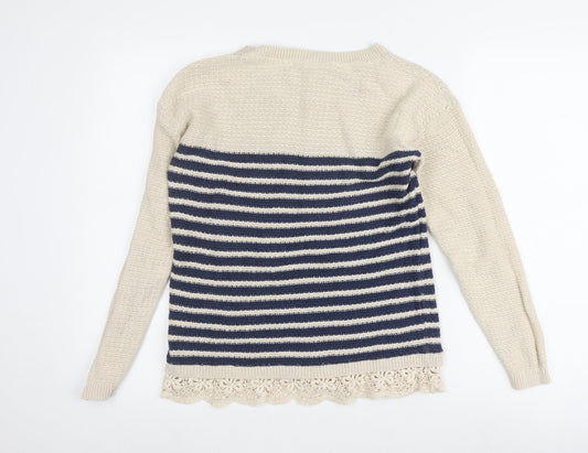 FatFace Women's Ivory Crochet Striped Pullover Jumper, Size 8