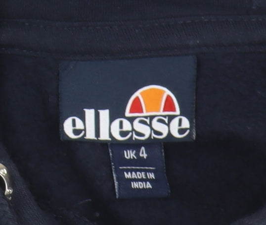 Brand and care label for Ellesse Women's Blue Pullover Hoodie, size 4, Casual Wear