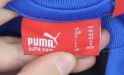 Brand and care label for Puma boys’ blue black striped sports t-shirt, size 10-11, yrs