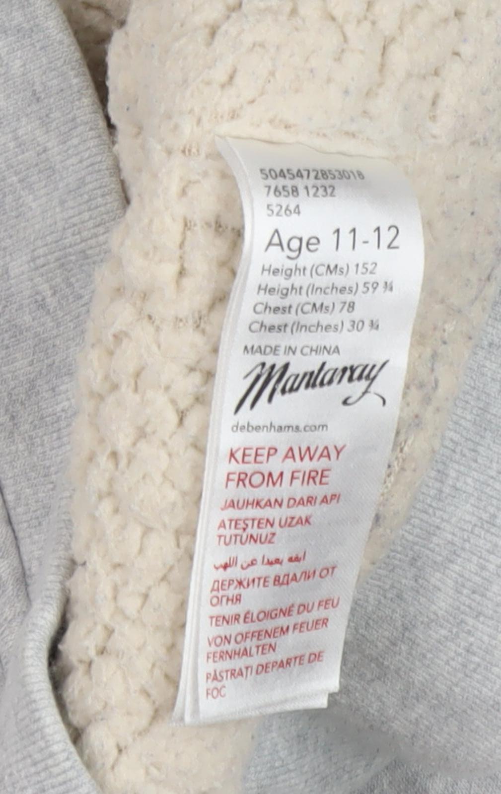 Close-up detail of Mantaray girls’ grey full zip hoodie, size 11-12