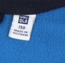 Brand and care label for Uniqlo boys’ blue fleece jacket, size 11, years, casual autumn/winter
