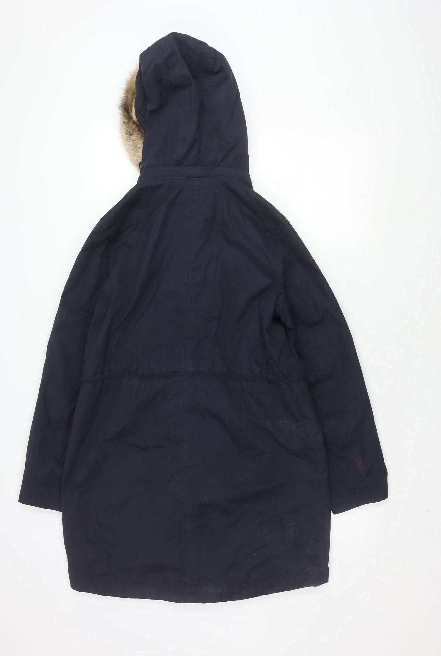 Joules Women's Blue Parka Coat, Size 10, with Fur Trim