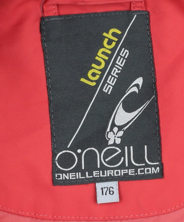 Brand and care label for O'Neill Red unisex ski jacket, size 18, waterproof
