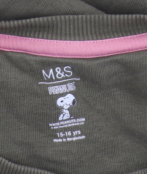 Brand and care label for Marks & Spencer girls’ green snoopy pullover sweatshirt 16y