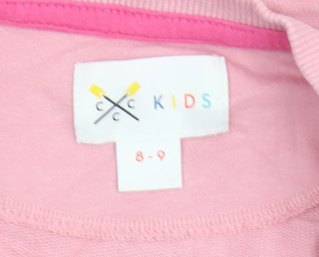 Brand and care label for Crew Clothing girls’ pink pullover sweatshirt 8-9 years crew neck