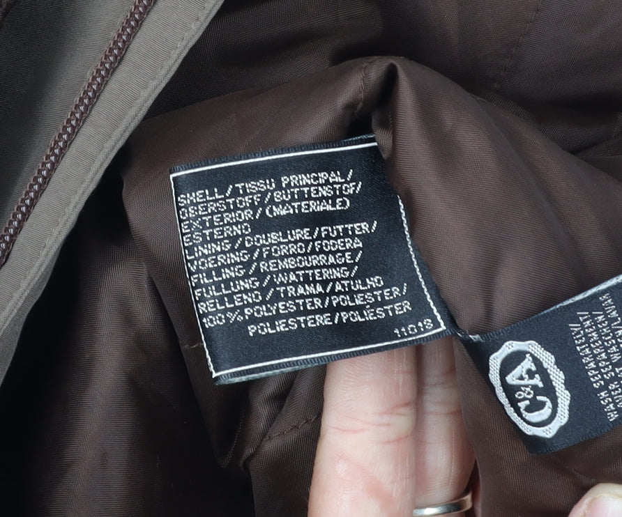 Brand and care label for C&A Women's Brown Long Coat, size 18, with Button Closure