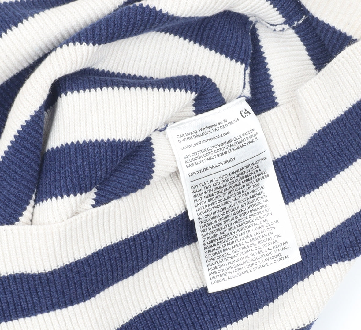 Brand and care label for C&A Women's Blue Striped jumper, M