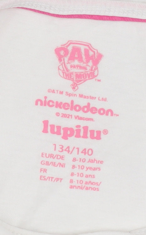 Brand and care label for Lupilu girls’ white paw patrol t-shirt, 8-10 years, cartoon style