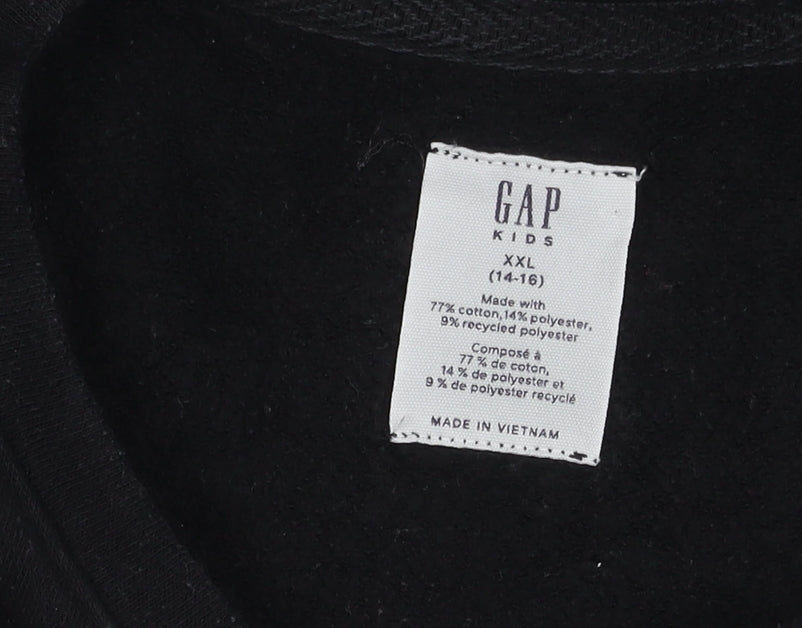 Brand and care label for Gap girls’ black pullover sweatshirt, size 14y, logo accent