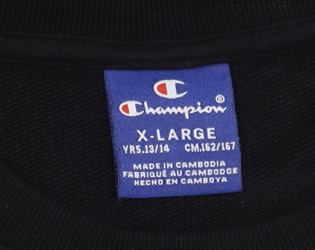 Close-up detail of Champion boys’ black logo pullover sweatshirt 14 years