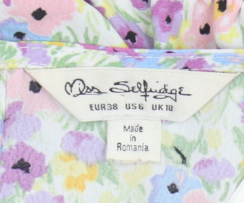 Brand and care label for Miss Selfridge Women's Multicoloured Floral Blouse, size 10