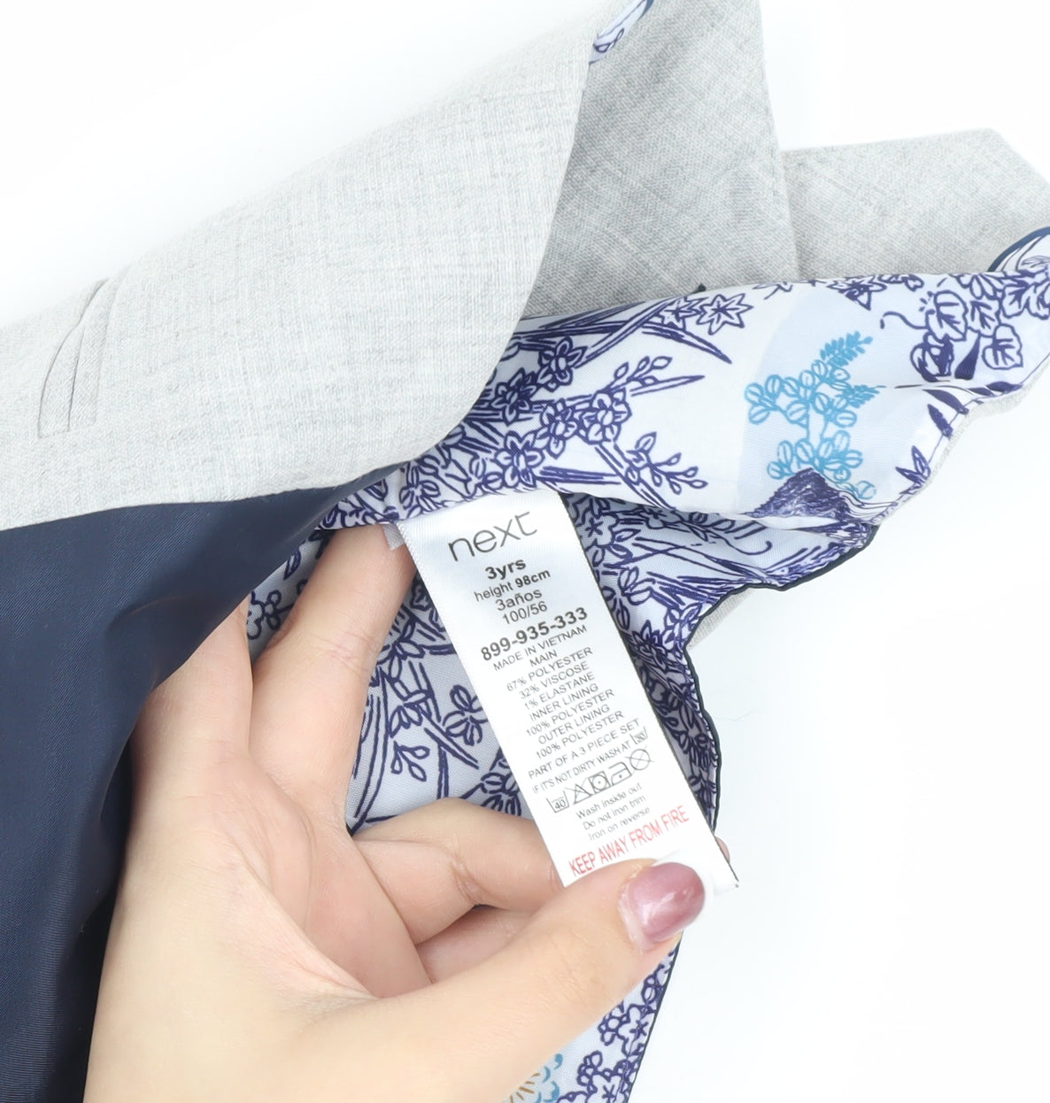 Close-up detail of Next boys’ grey suit waistcoat 3 years formal wedding party