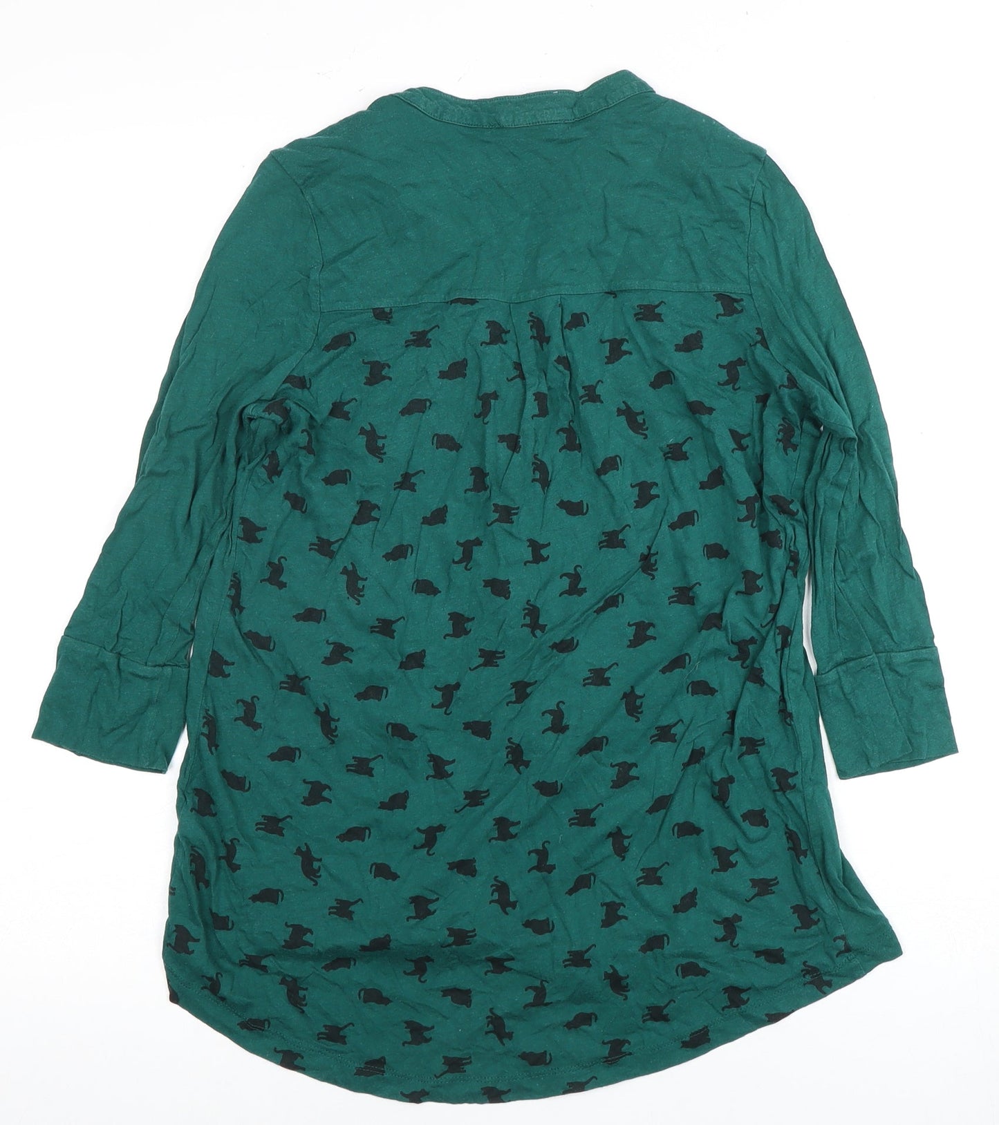 Mamas & Papas Women's Green Animal/Cats Print Button-Up 3/4 Sleeve Top