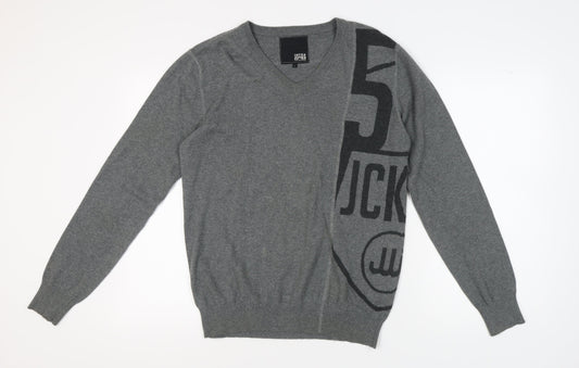 Jack & Jones Men's Grey Graphic V-Neck Pullover Jumper - L
