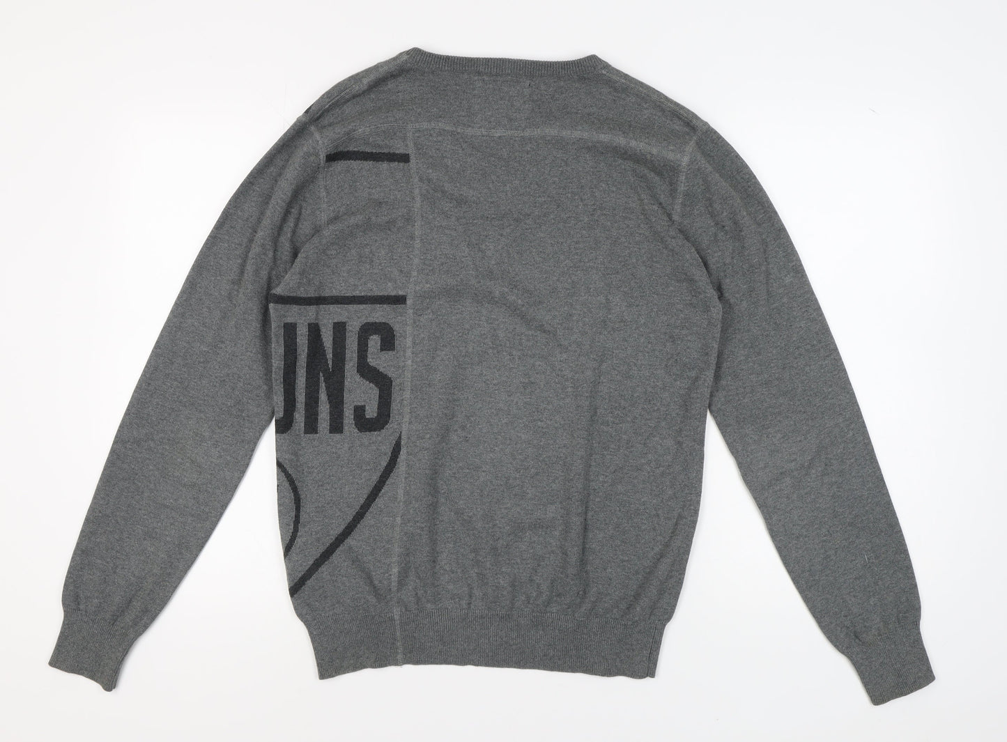 Jack & Jones Men's Grey Graphic V-Neck Pullover Jumper - L