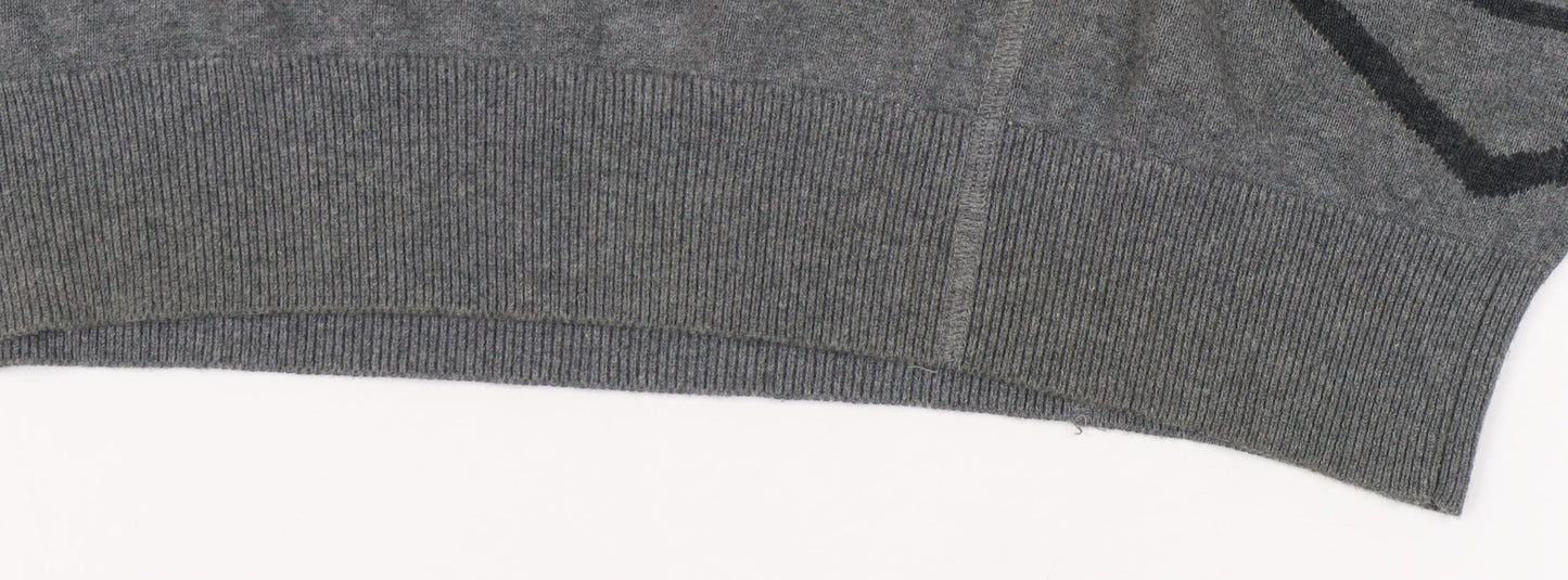 Jack & Jones Men's Grey Graphic V-Neck Pullover Jumper - L