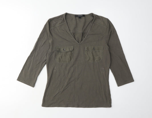 Jaeger Women's Green 8 V-Neck 3/4 Sleeve Top
