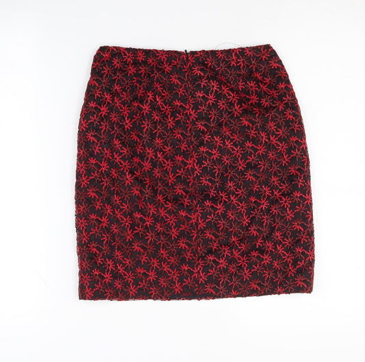 Oasis Women's Red Floral Skirt Size 8 Embroidered