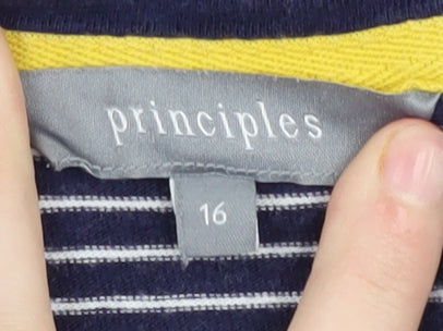 Brand and care label for Principles Women's Blue Striped T-Shirt, size 16