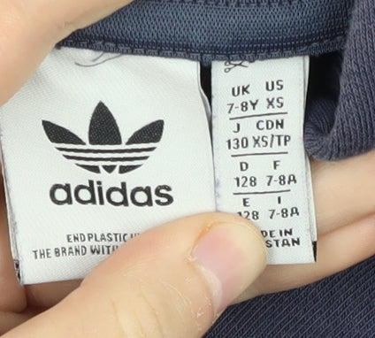 Brand and care label for Adidas boys’ blue pullover hoodie 7-8 years