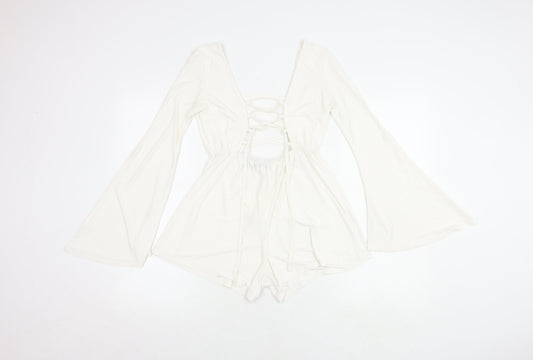 Boohoo Women's White V-Neck Long Sleeve Playsuit