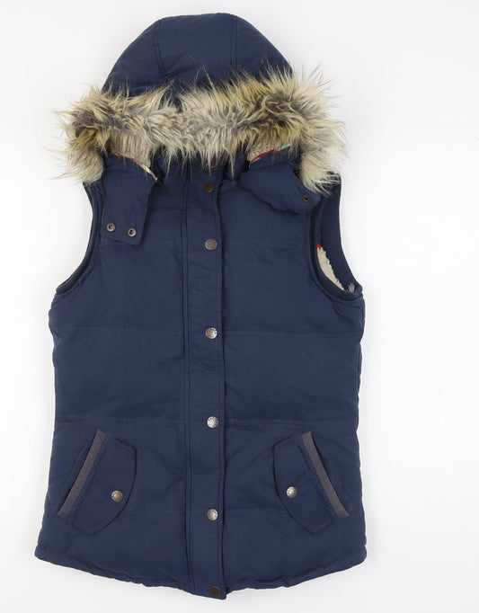 FatFace Women's Blue Fur Trim Hooded Puffer Waistcoat Size 8