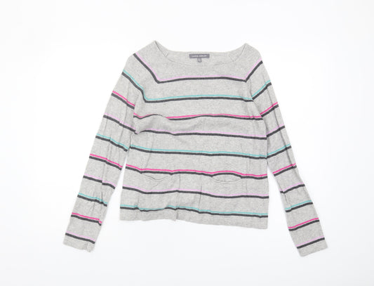 Laura Ashley Women's Grey Striped Knit Jumper, Size S