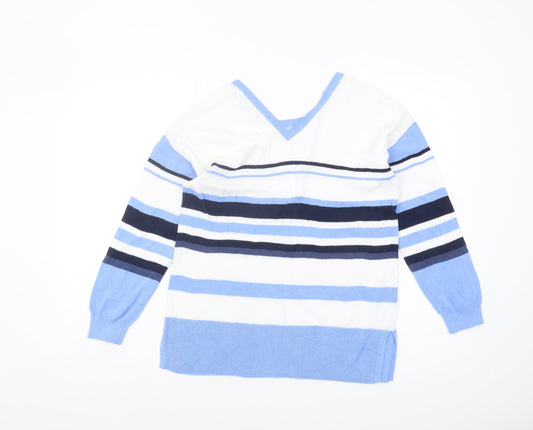 Laura Ashley Women's Blue Striped V-Neck Jumper UK 12