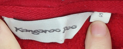 Brand and care label for Kangaroo Poo Men's Red Small Pullover Hoodie