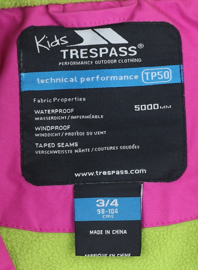 Brand and care label for Trespass girls’ pink parka jacket 3-4 years waterproof