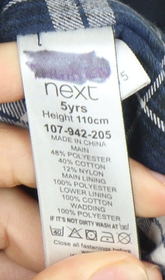 Close-up detail of Next boys’ blue hooded jacket, size 5, years, lined