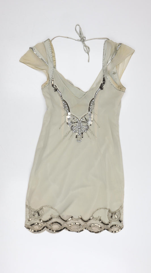 Karen Millen Beige Sequin Bodycon Dress Size 12