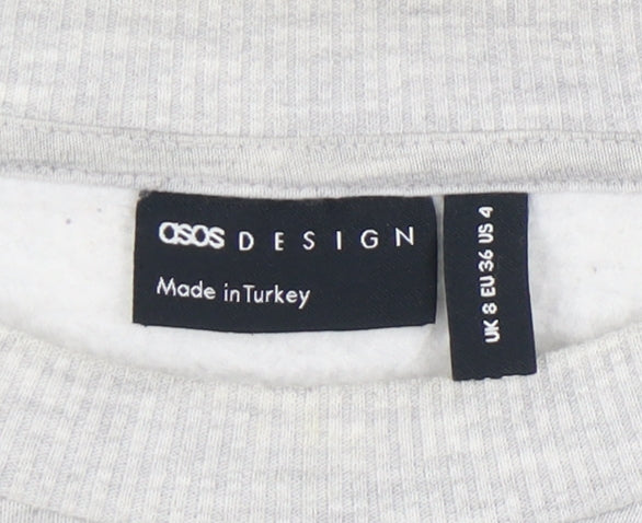 Brand and care label for ASOS Design Women's Grey Pullover Sweatshirt, size 8