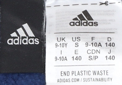 Close-up detail of Adidas boys’ blue crew neck sweatshirt 9-10y graphic print