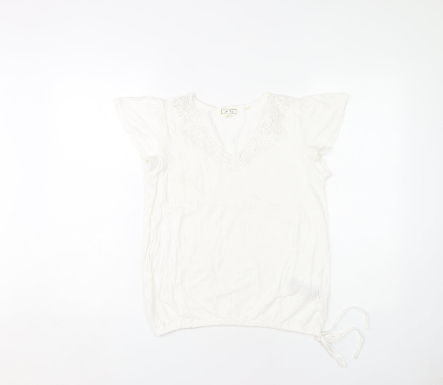 Fat Face Women's White Crochet V-Neck T-Shirt S
