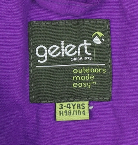 Close-up detail of Gelert girls’ purple hooded waterproof jacket 3-4 years