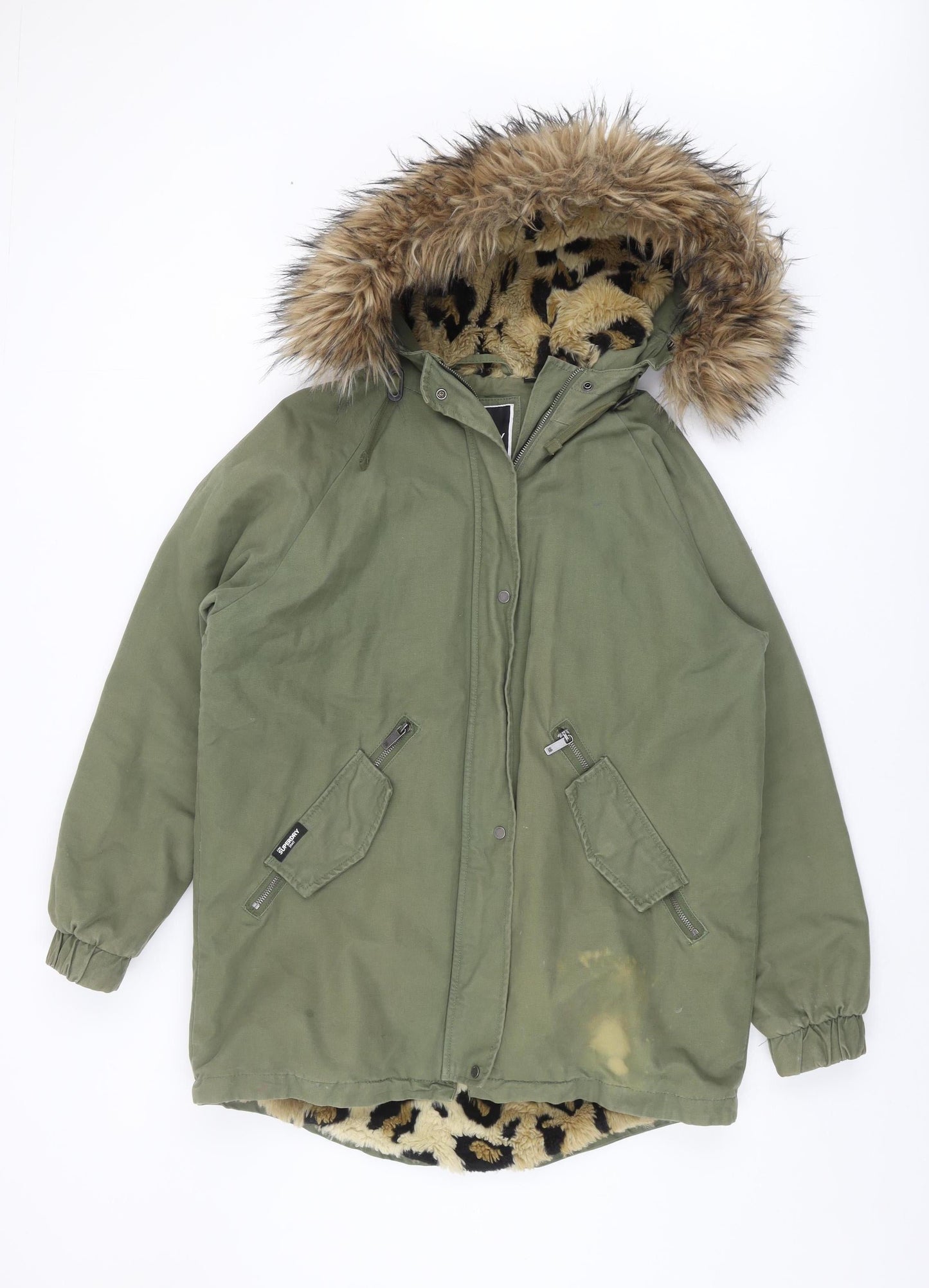 Superdry Women's Green Parka Coat, Size 8, Fur-Trim Hood