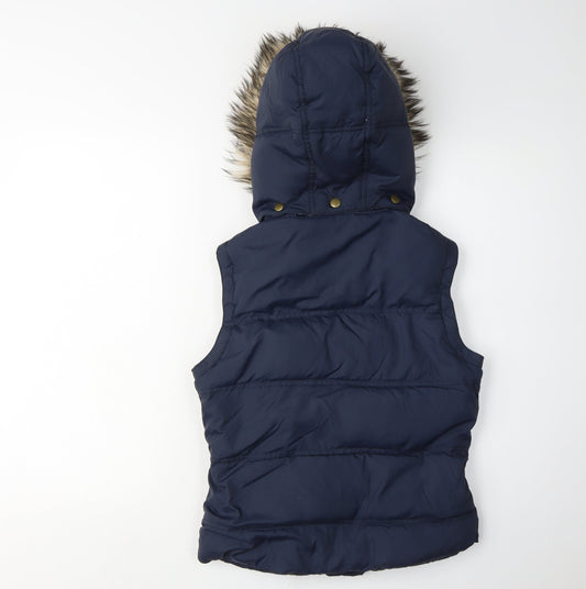 Jack Wills Women's Blue Hooded Fur Trim Waistcoat - Size 8